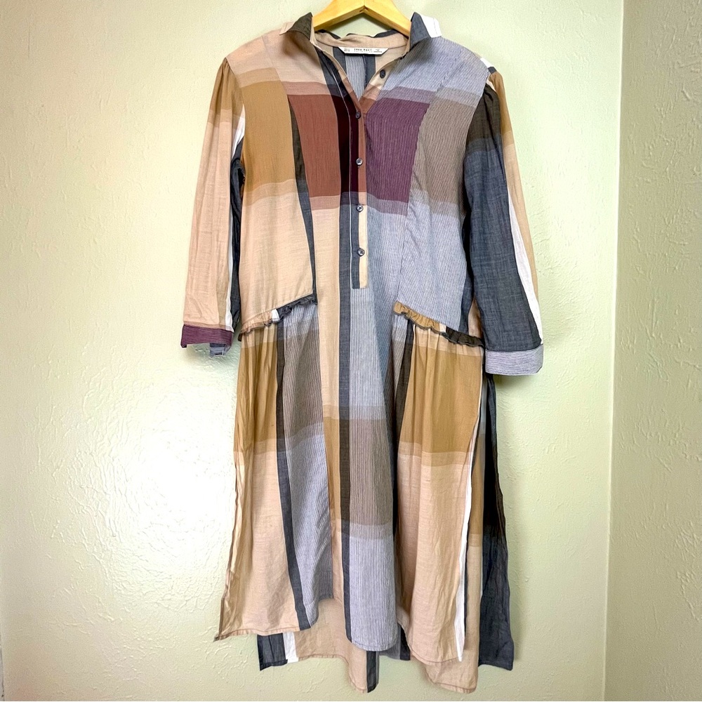 Zara Basic Dress Flannel Pattern Button Front And… - image 1